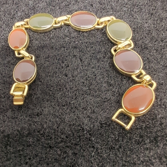 Vintage Bracelet Oval Tiger Eye Red Goldstone Emerald Fuchsite Glass Elegant  - Picture 4 of 13